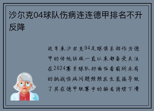 沙尔克04球队伤病连连德甲排名不升反降