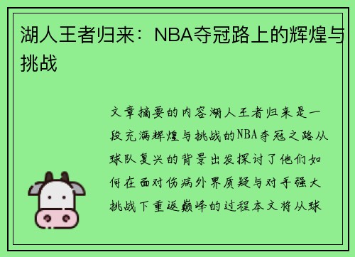 湖人王者归来：NBA夺冠路上的辉煌与挑战